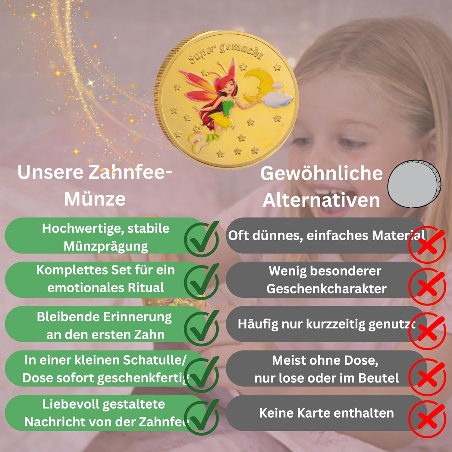 Detalle de insi Kinderzahndose für Milchzähne – personalisierbare Aufbewahrungsbox mit Geschenkbox, Lupe und Zahnfee-Brief