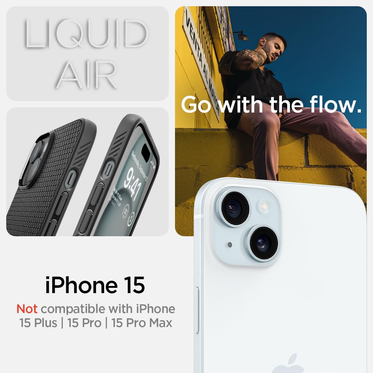 Detalle de Spigen Liquid Air pour iPhone 15 : coque TPU antidérapante noire mate