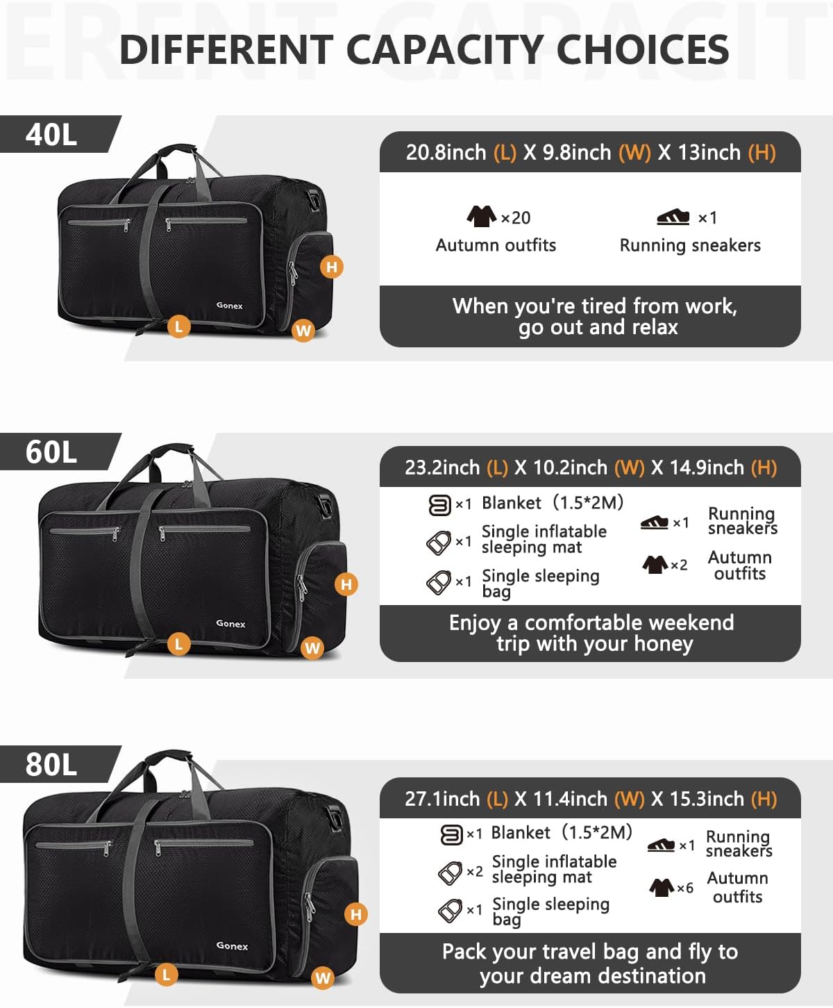 Detalle de Gonex 100L Large Foldable Travel Duffle Bag with Shoes Compartment – Lightweight, Water-Repellent Weekender