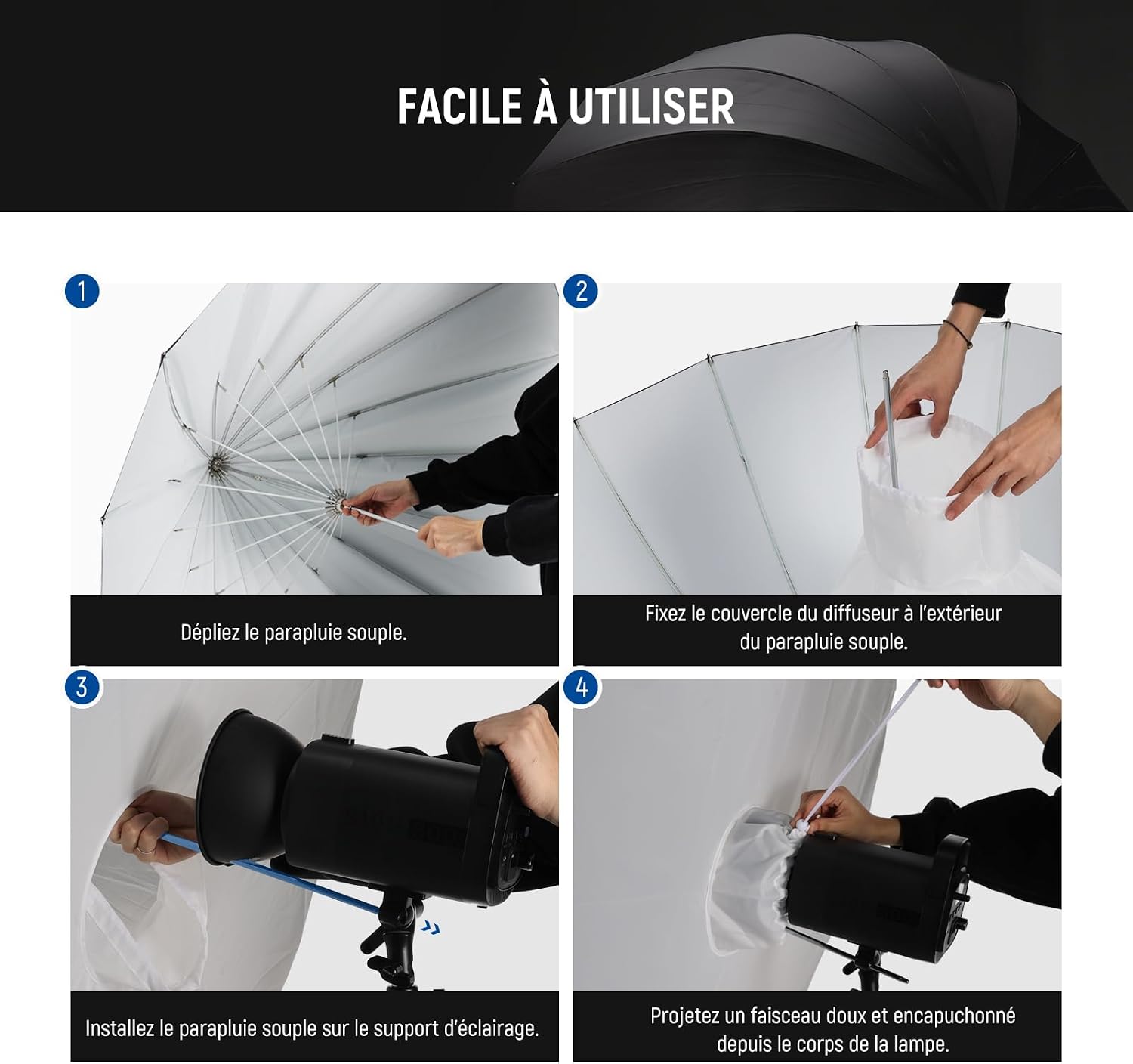 Thumbnail 6 de Parapluie réfléchissant parabolique 165 cm NEEWER (noir/blanc) pour studio photo et vidéo