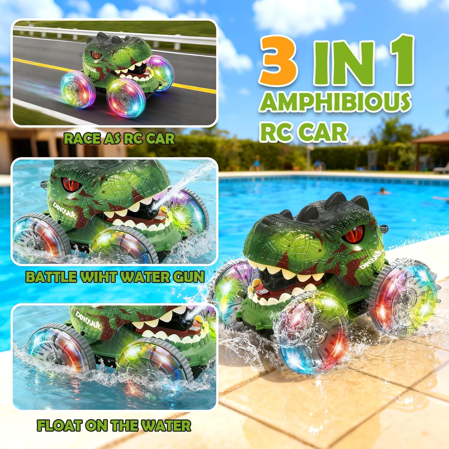 Thumbnail 1 de Muakiz Dinosaurier-Amphibienfahrzeug 4WD RC-Auto mit Wasserpistole (IPX7, 2,4 GHz, 360°-Drehung)