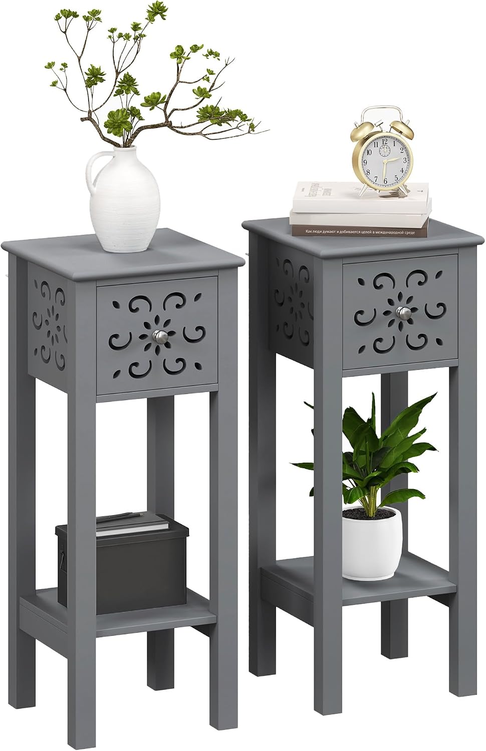 Detalle de HOMCOM 83B-178V80GY Side Table Set of 2, Grey, Floral Cut-Out, Drawer & Shelf