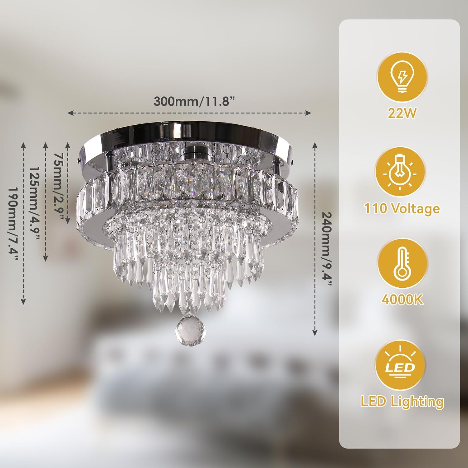 Detalle 1 de Finktonglan CL300-V 11.8-Inch Crystal LED Flush-Mount Ceiling Light with Remote