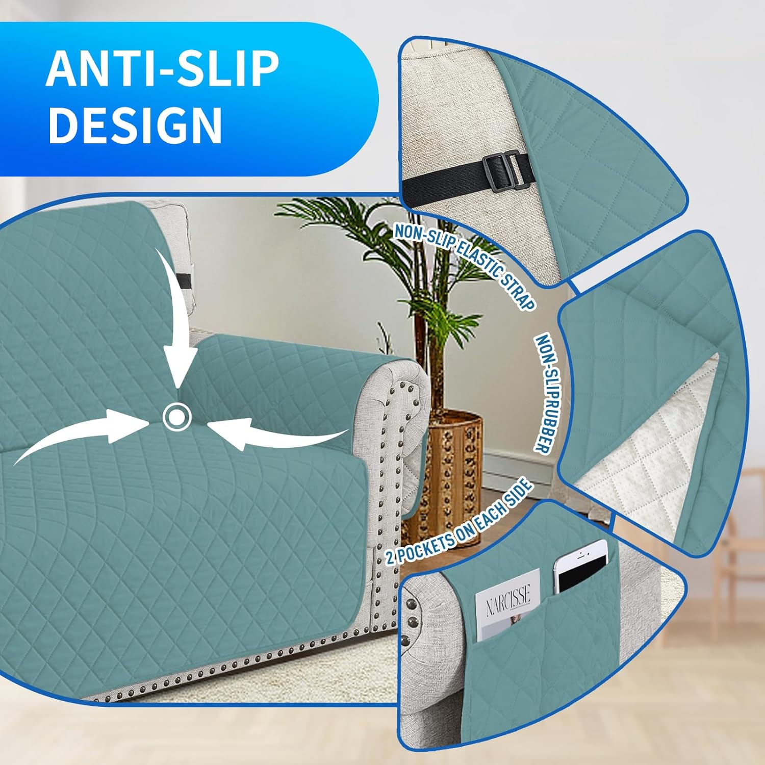 Detalle de Housse de Canapé CYCMACO Imperméable 2 Places avec Accoudoirs – Bleu Clair