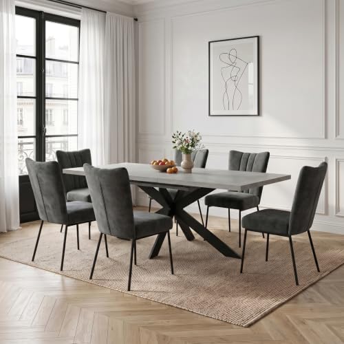 Detalle de JIEXI Set tavolo da pranzo allungabile con 6 sedie in flanella grigia – MDF grigio, base in metallo a X