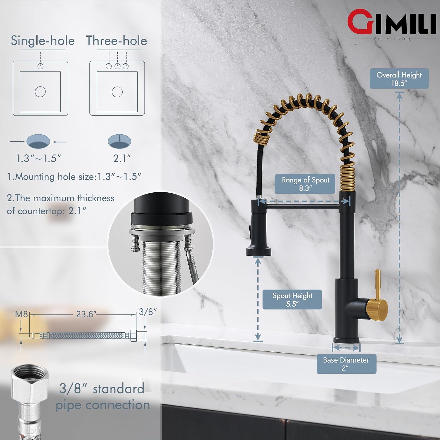 Detalle de GIMILI Black and Gold Kitchen Faucet with Pull-Down Sprayer