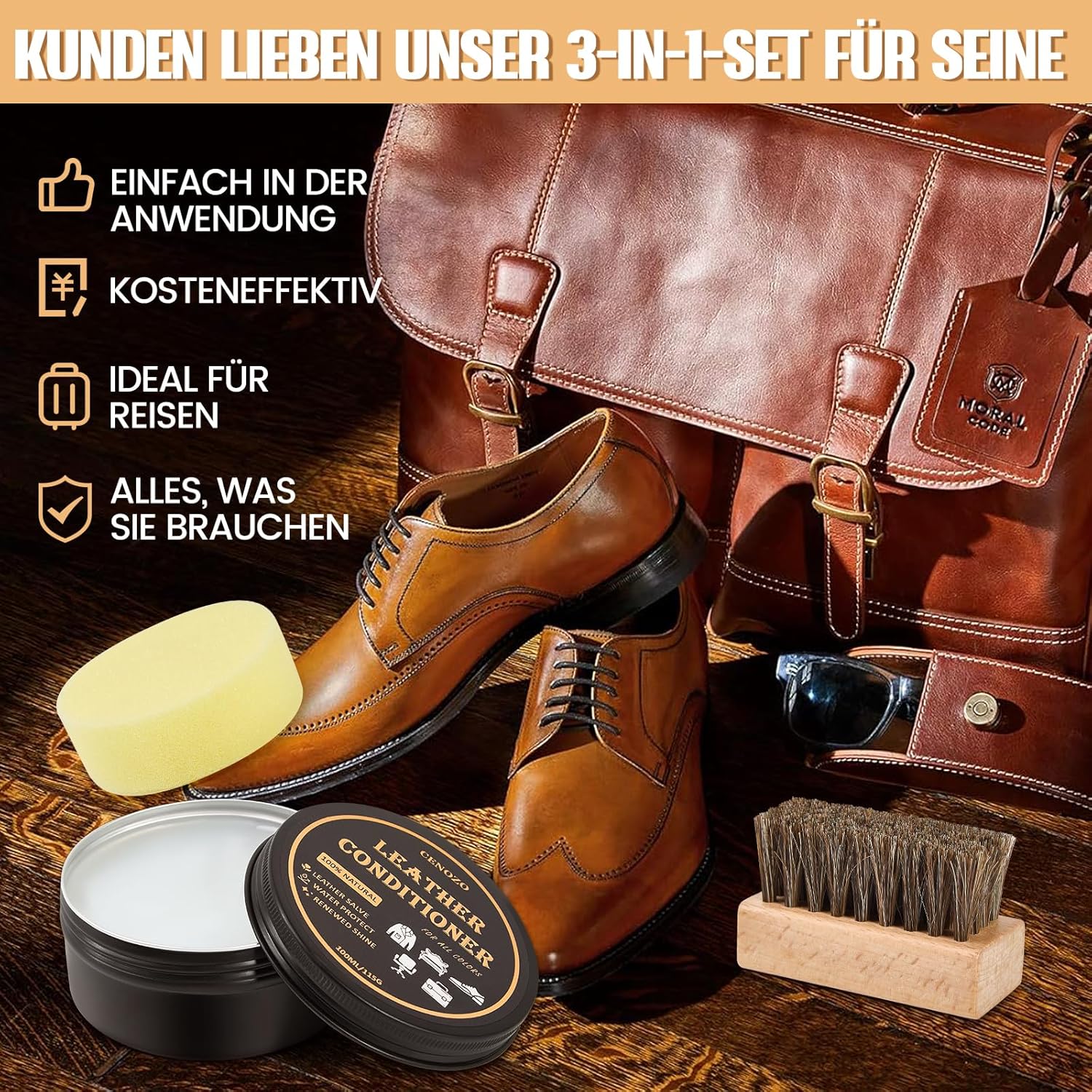 Detalle de cenozo Lederpflege mit Rosshaarbürste, farblos, 100 ml – wasserabweisende Lederpolitur