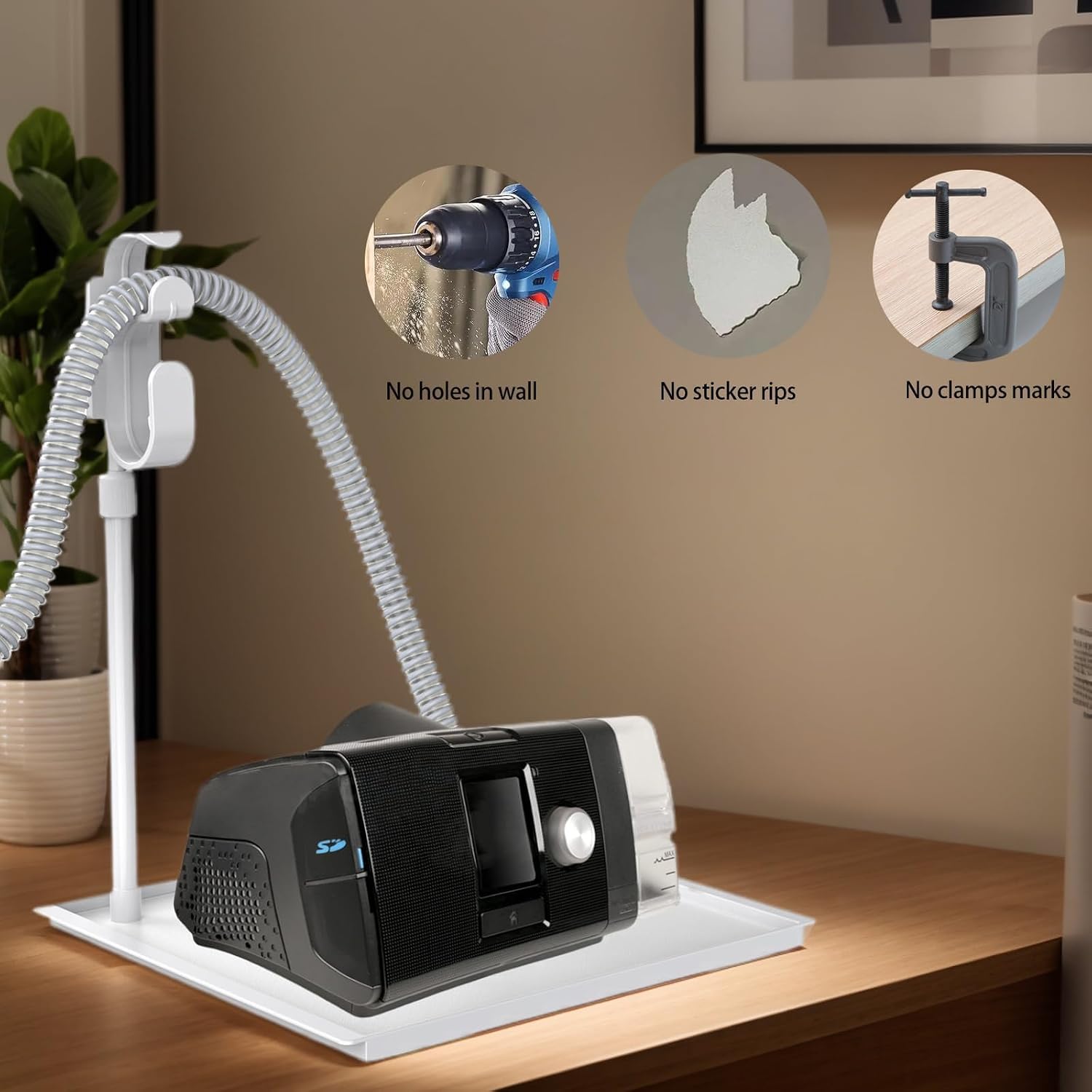 Detalle 2 de KAEDLEY Retractable CPAP Hose Holder with Adjustable Hanger and Bedside Tray