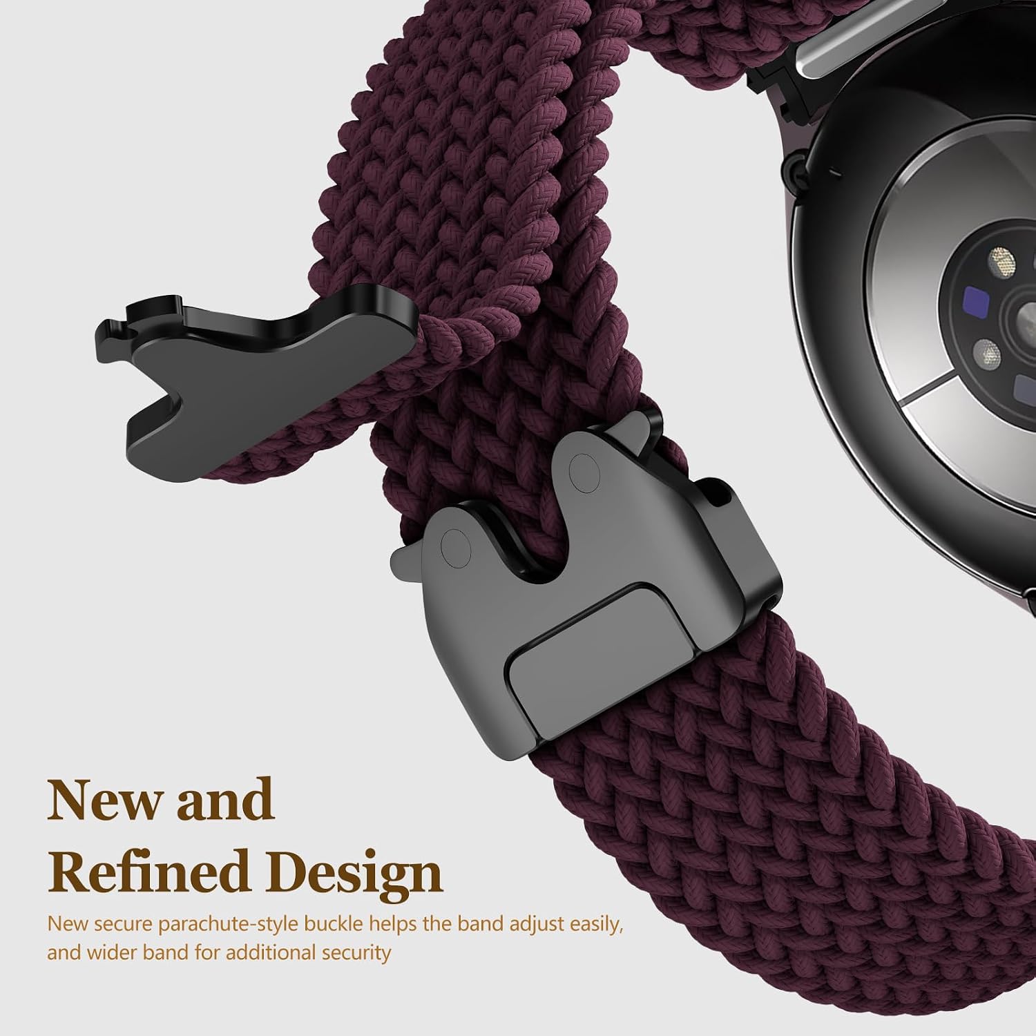 Detalle de One Click Braided Strap for Samsung Galaxy Watch 7/6/5/4 FE – 20mm Elastic Parachute Band