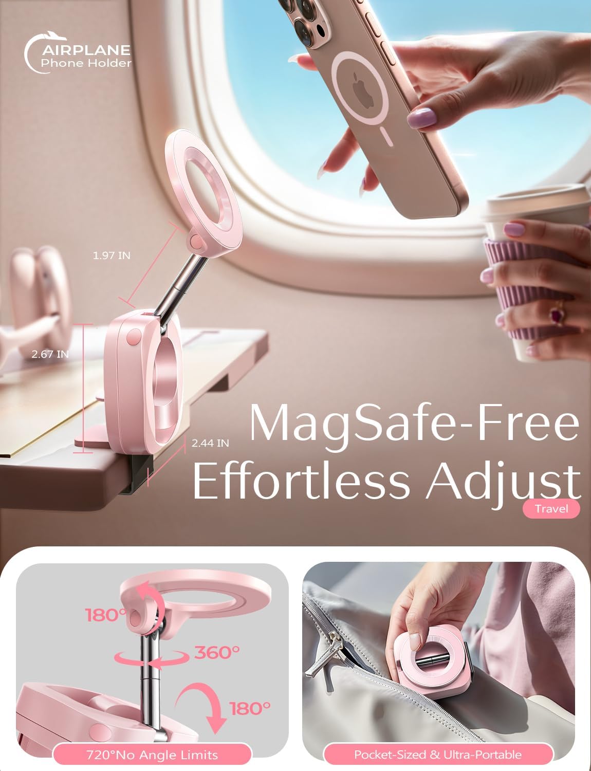 Thumbnail 1 de LISEN 2E7100-P Pink Magnetic Airplane Phone Holder, Foldable and Adjustable