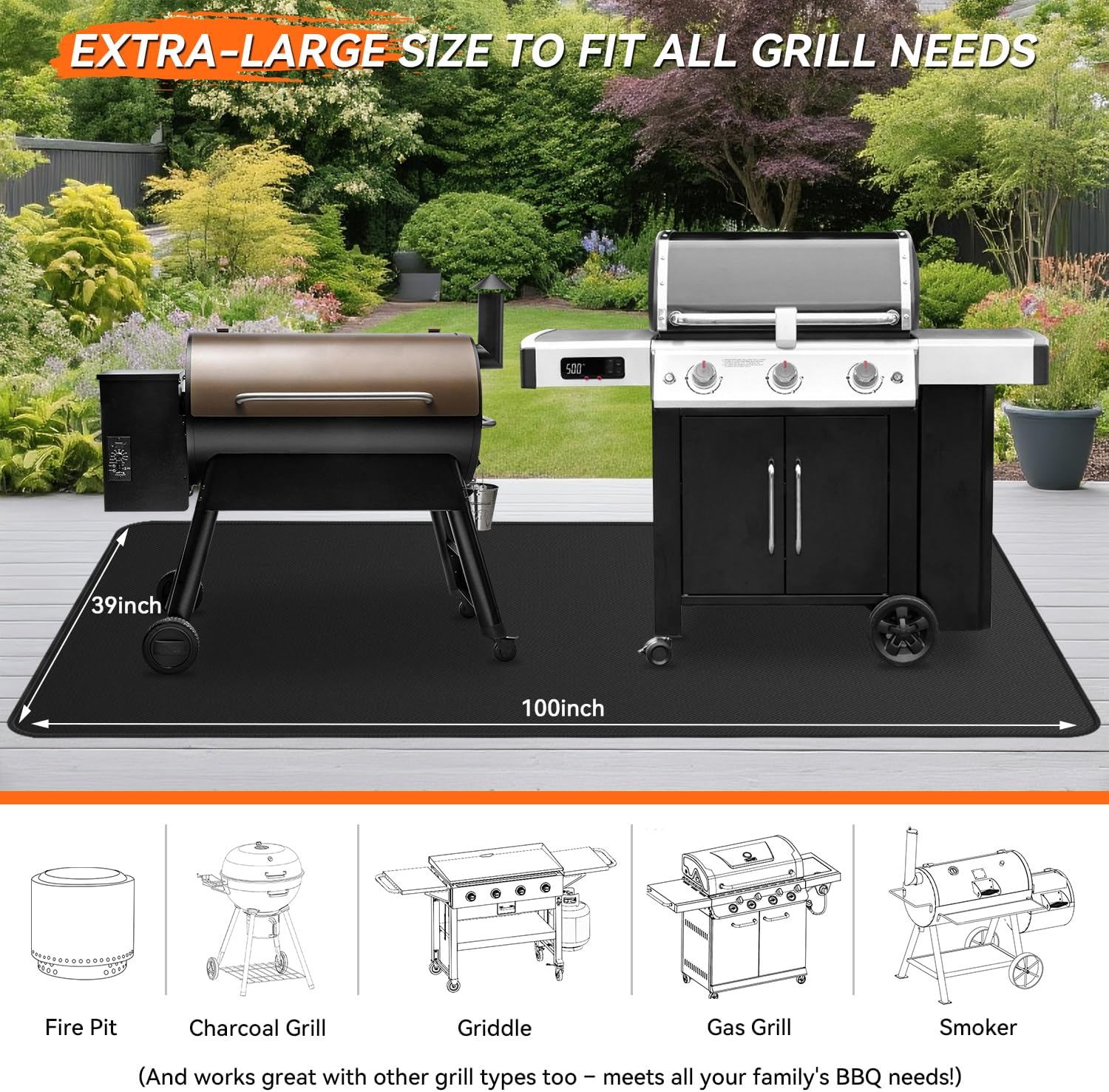 Detalle de rumlick HDC-312 Extra-Large Grill Mat, 100 x 39 in, Double-Sided Fiberglass