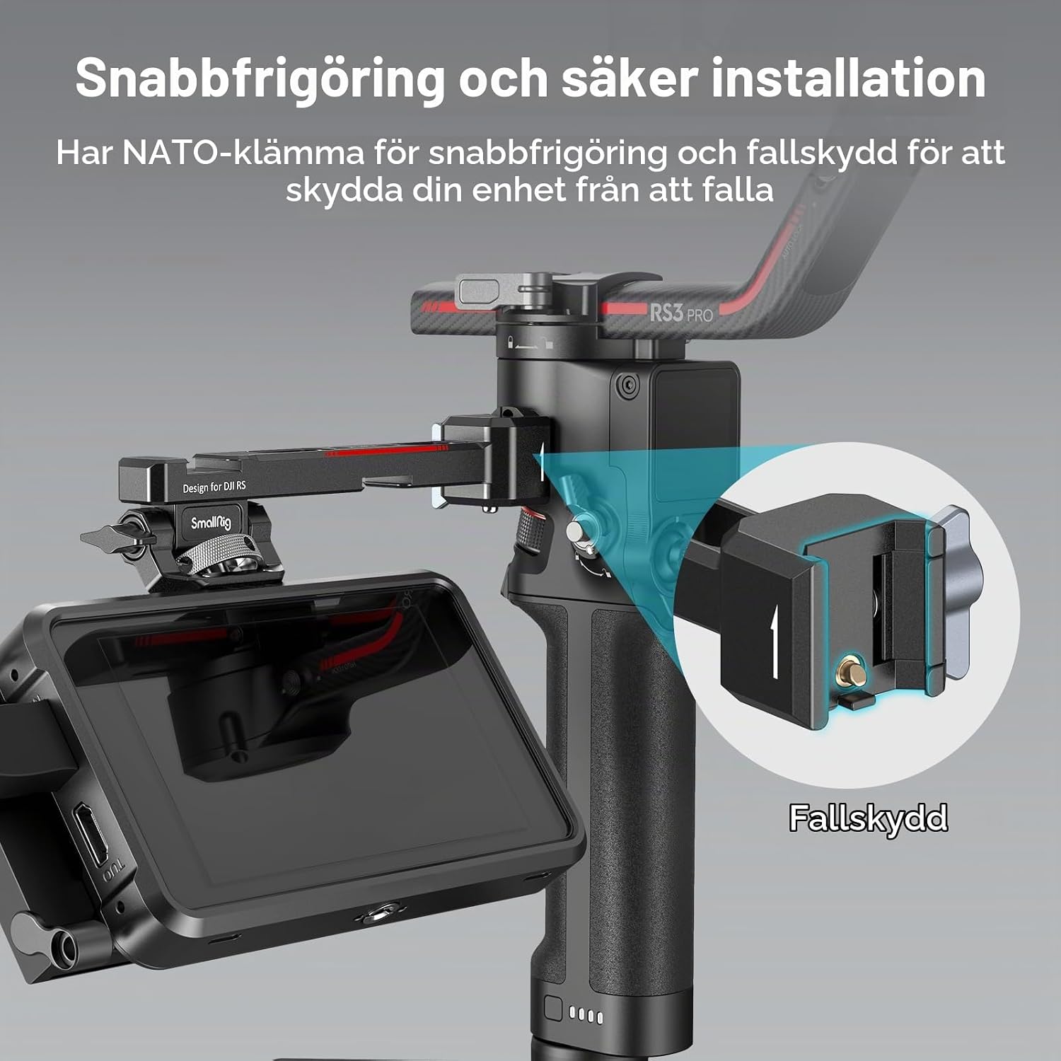 Detalle 1 de SMALLRIG 3026B monitorfäste för DJI RS med NATO-klämma och dubbla tillbehörsskor