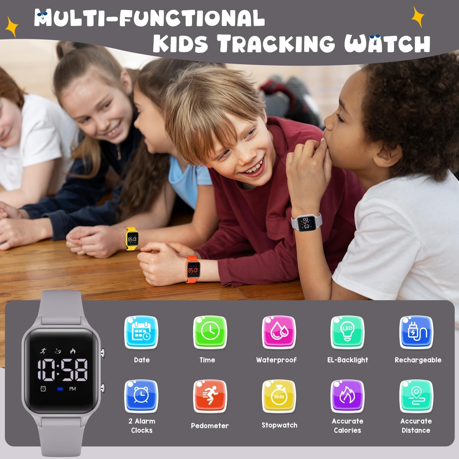 Thumbnail 1 de Timever L6615E-Grey Kids Digital Watch with Pedometer, Alarms & Stopwatch