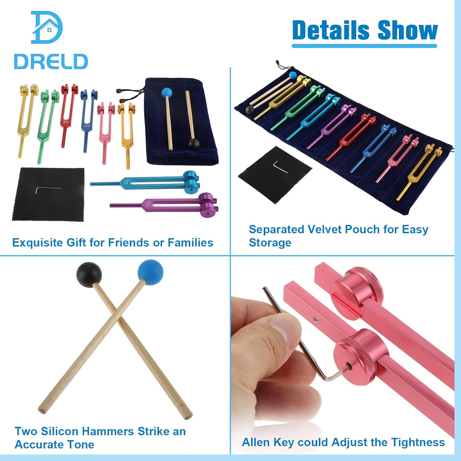 Detalle de Chakra Tuning Forks Set — 8-Tone Chakra & Soul Purpose Kit with Mallets, Cleaning Cloth & Pouch