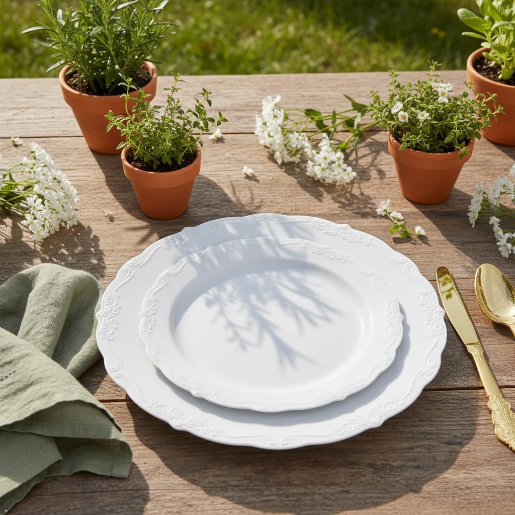 Thumbnail 2 de U-QE 100-Piece White Disposable Plastic Plates (50 Dinner 10" + 50 Dessert 7.5") for Weddings & Parties