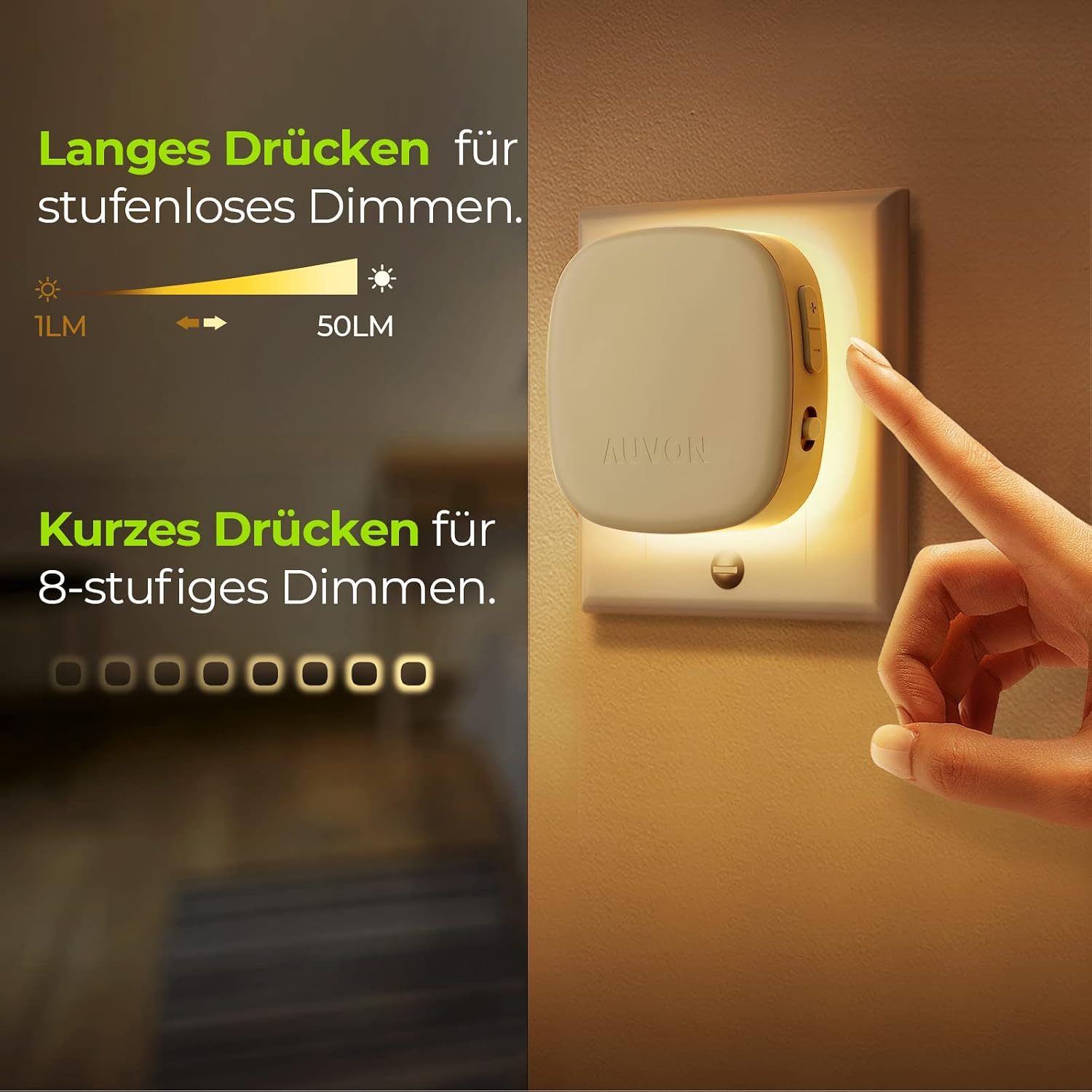 Detalle 2 de AUVON Nachtlicht Steckdose 2 Stück, 1–50 lm ⚡