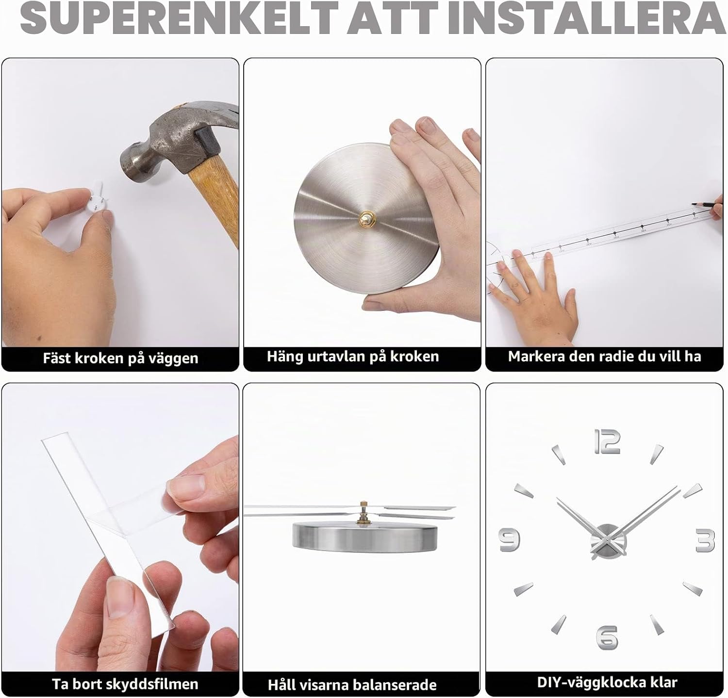 Detalle 2 de Warminn 3D DIY Large Wall Clock – ramlös väggklocka med romerska siffror