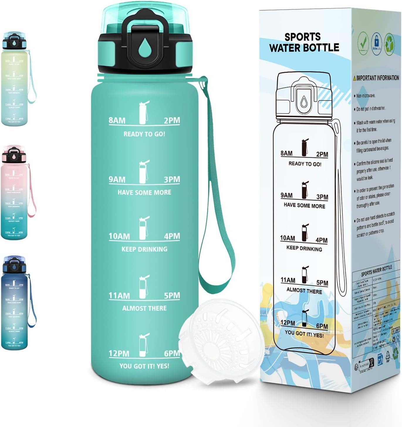Thumbnail 6 de Baramumu Borraccia Sport 1000 ml senza BPA con indicatore del tempo e citazioni motivazionali – blu & verde
