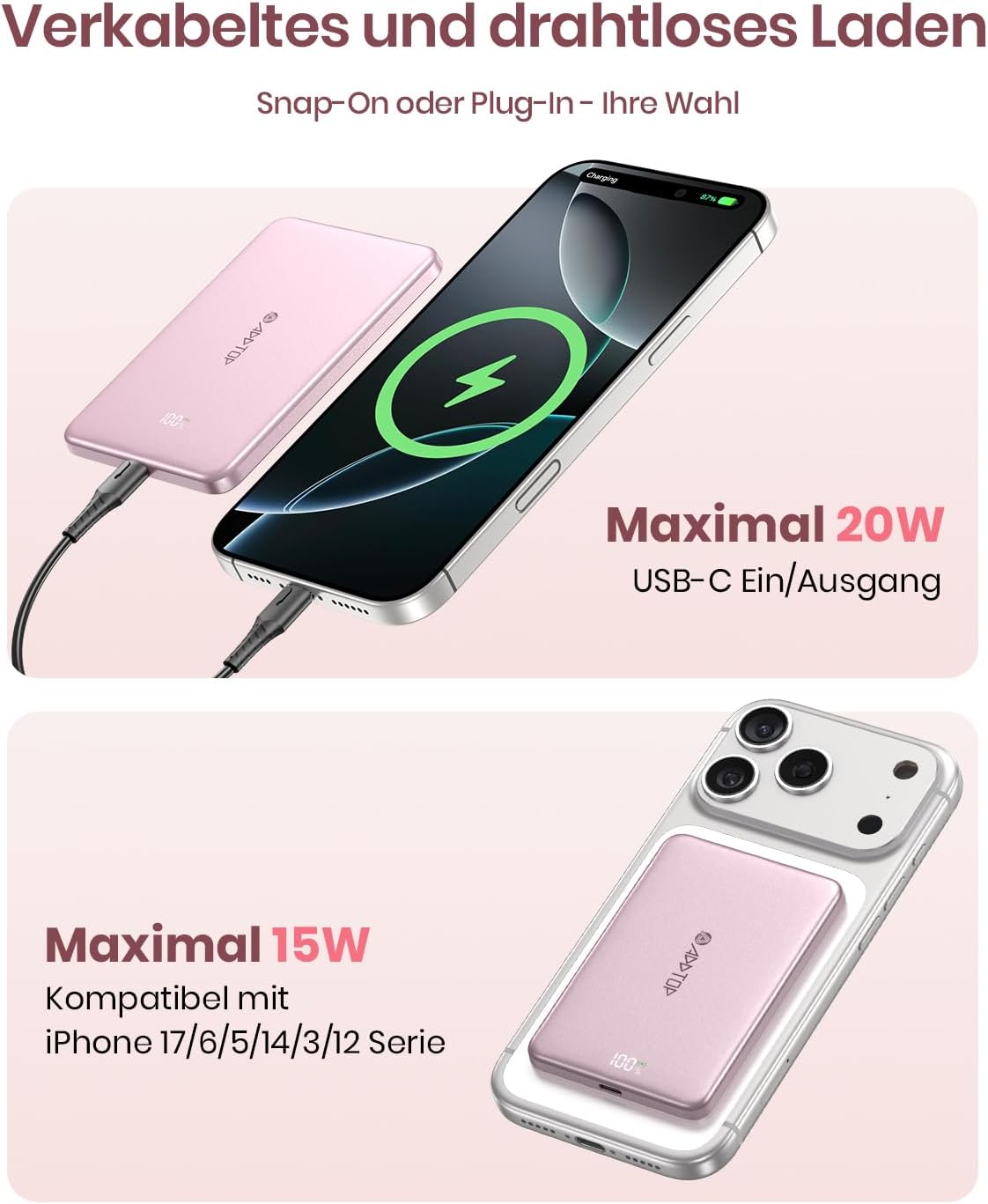 Detalle de Ultra Slim Power Bank Magnetische von ADDTOP – 5000 mAh, 20 W Schnellladung, kabellos
