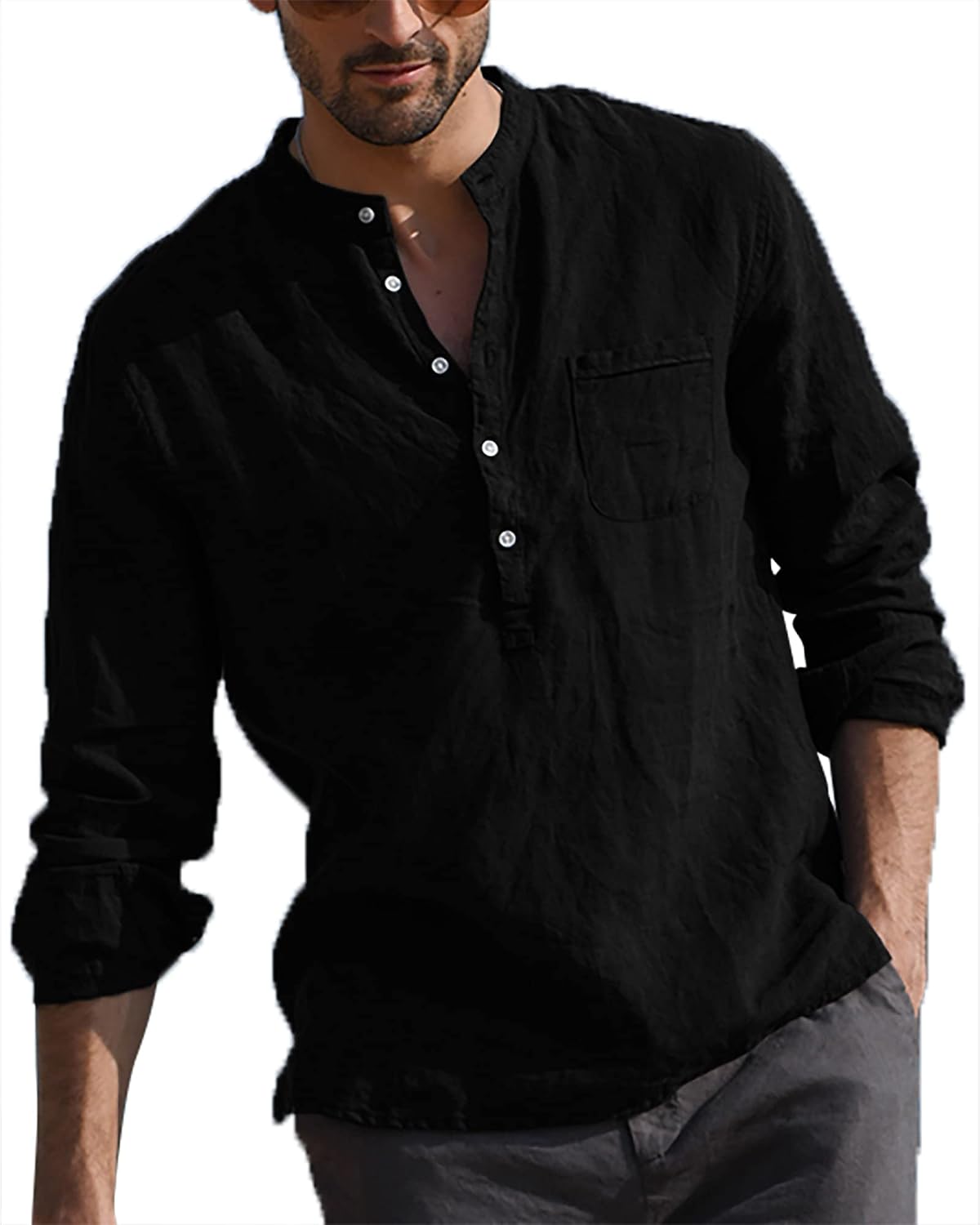 Thumbnail 1 de LVCBL LVCBL Leinen-Hemd Henley Regular Fit