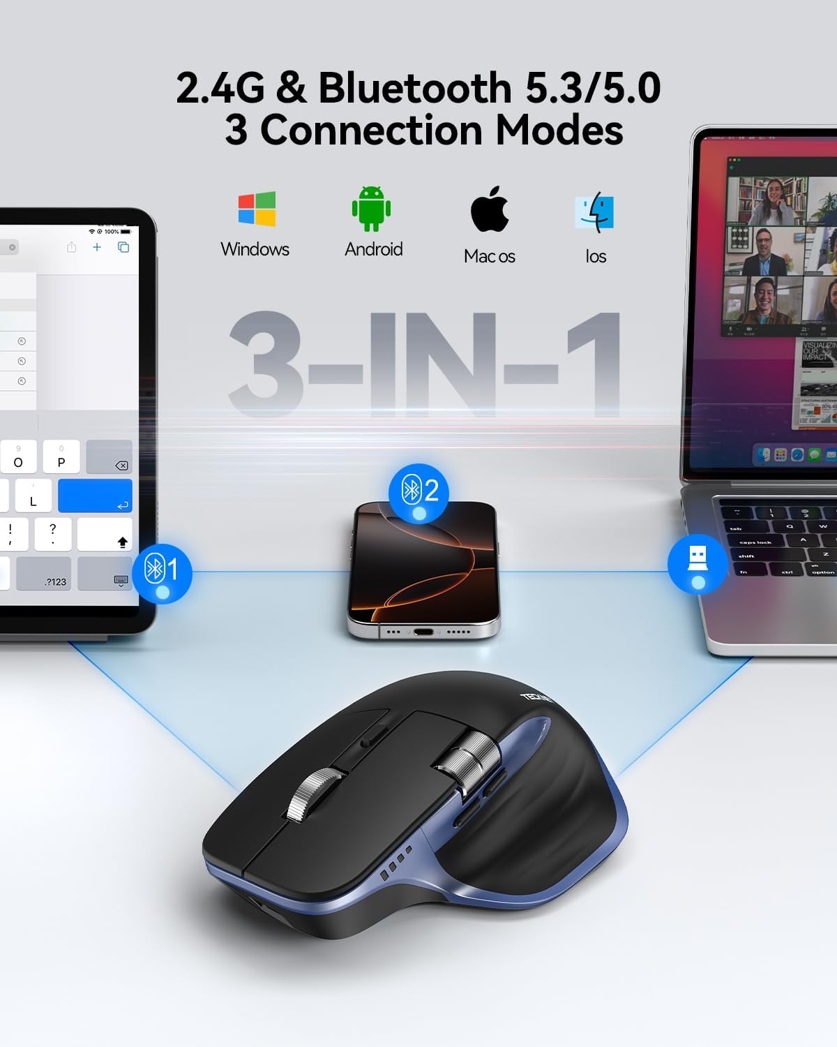 Thumbnail 1 de TECKNET Wireless Mouse: Ergonomic, Dual-Mode Bluetooth / 2.4GHz with Thumb Scroll and 4800 DPI