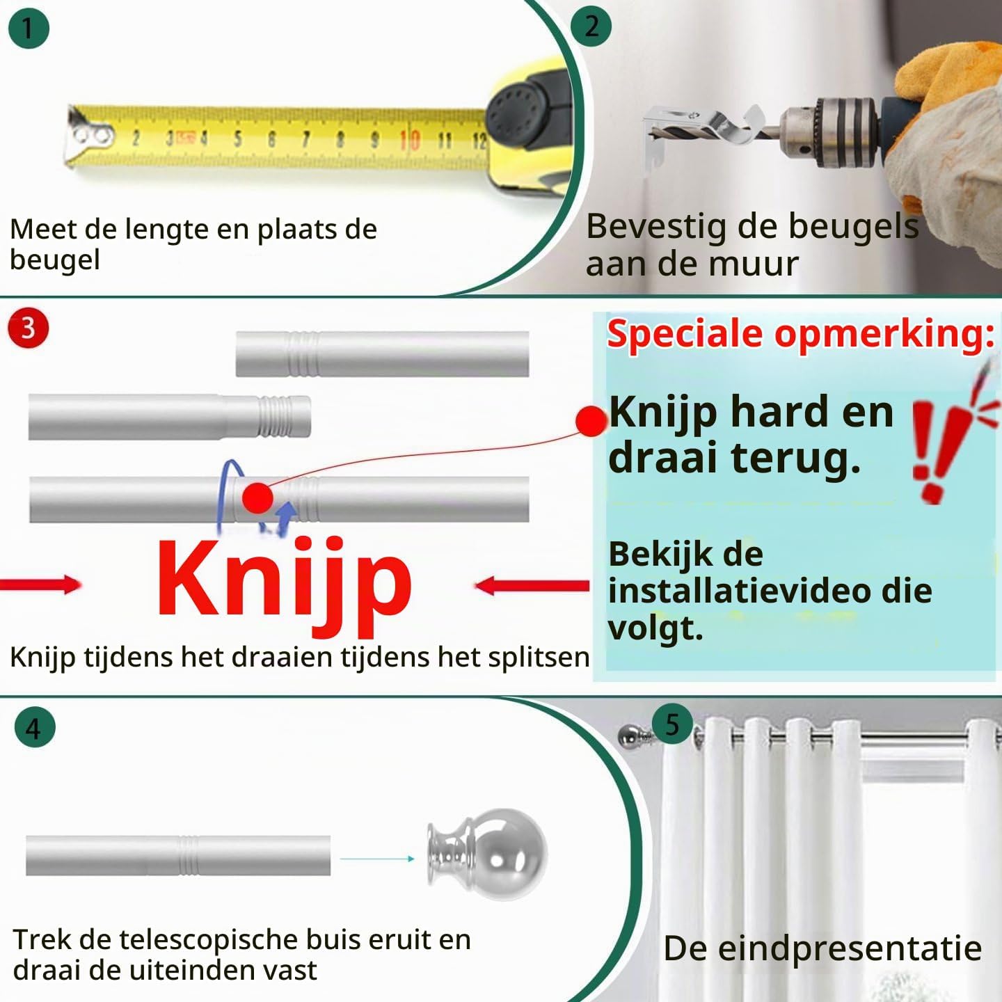 Detalle 2 de Rod&Trikin N04-8090-29 gordijnroede, zwart RVS, verstelbaar van 84 tot 290 cm