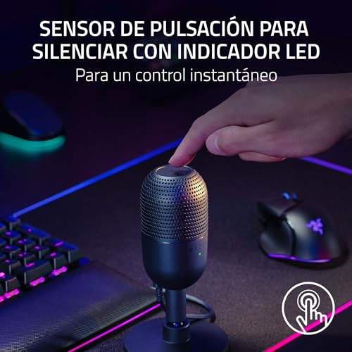 Detalle de Razer Seiren V3 Mini: micrófono USB ultracompacto con captación supercardioide y Tap-to-Mute