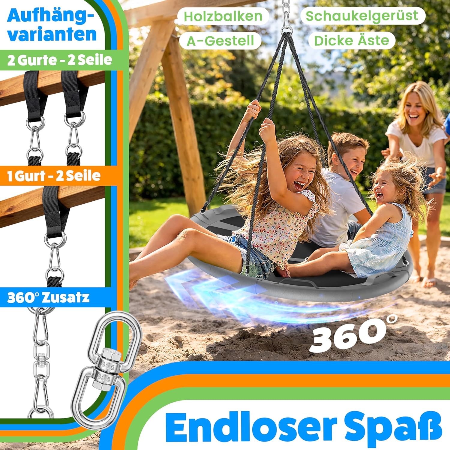Detalle 2 de ELONEO Balançoire nid 90 cm – balançoire ronde à usage intérieur/extérieur, capacité jusqu’à 300 kg, coussin et kit d’accessoires