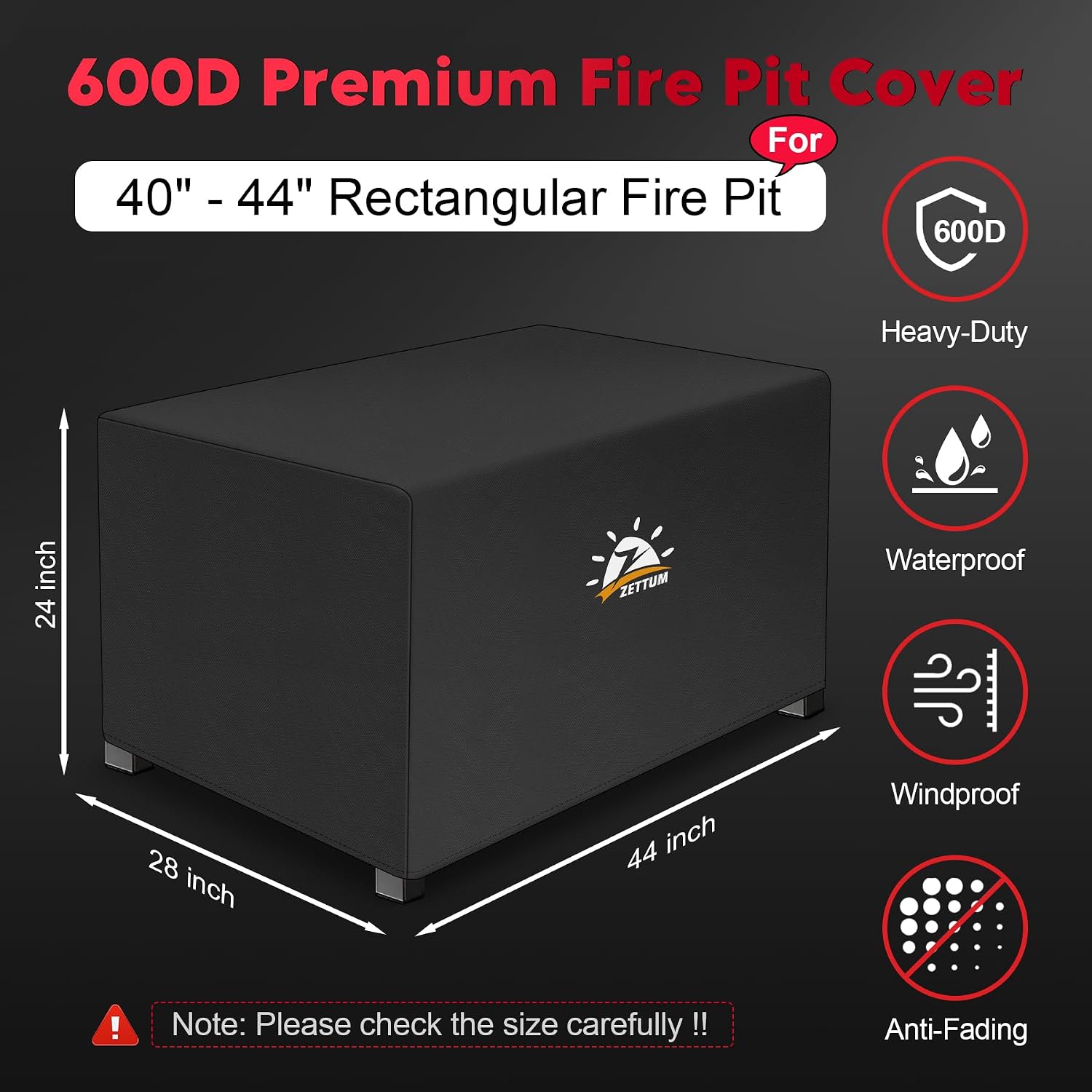 Detalle 2 de Zettum FPC-RE-4428-BLK Rectangular Fire Pit Cover, 600D Waterproof, 44 x 28 x 24 Inch