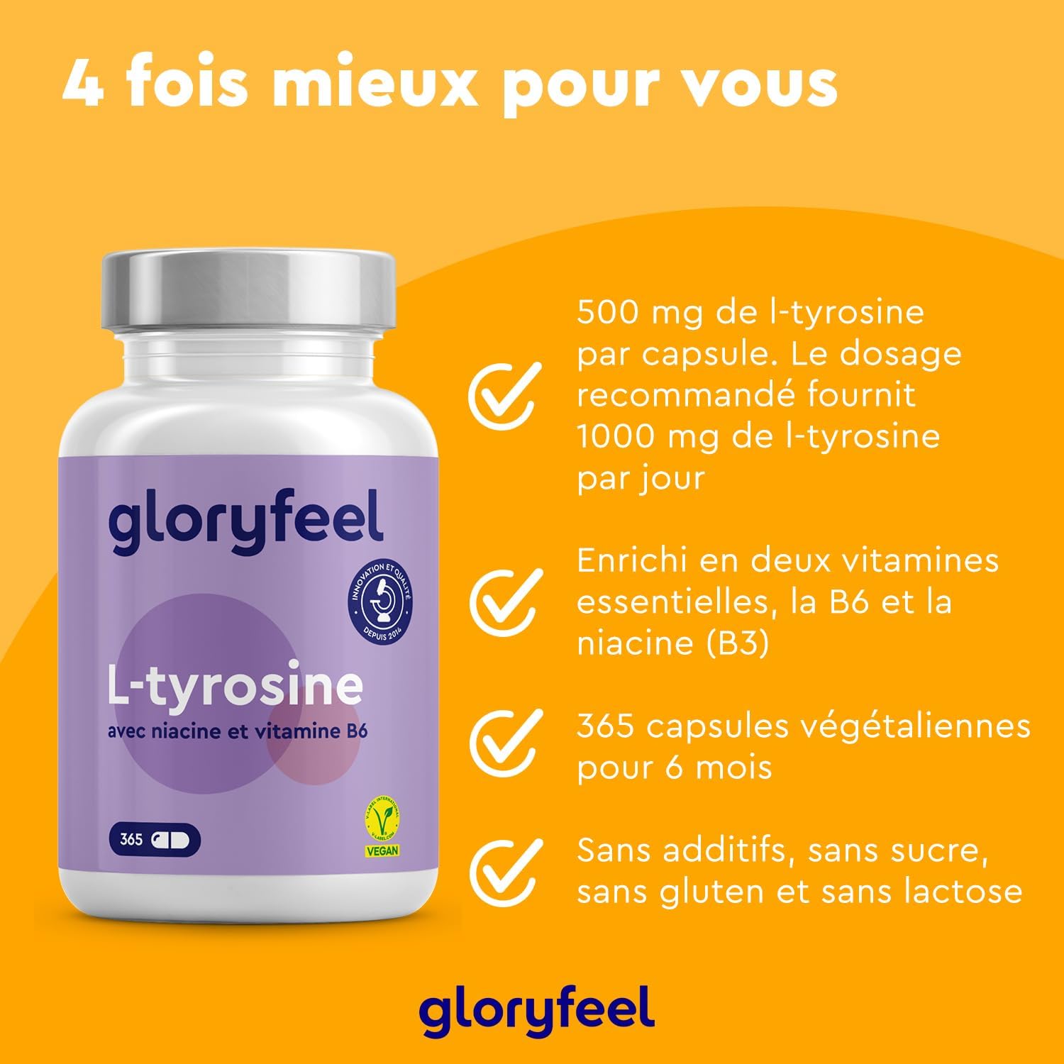 Thumbnail 1 de L-Tyrosine végane avec niacine et vitamine B6 — 365 capsules (dosage 1000 mg) contre la fatigue