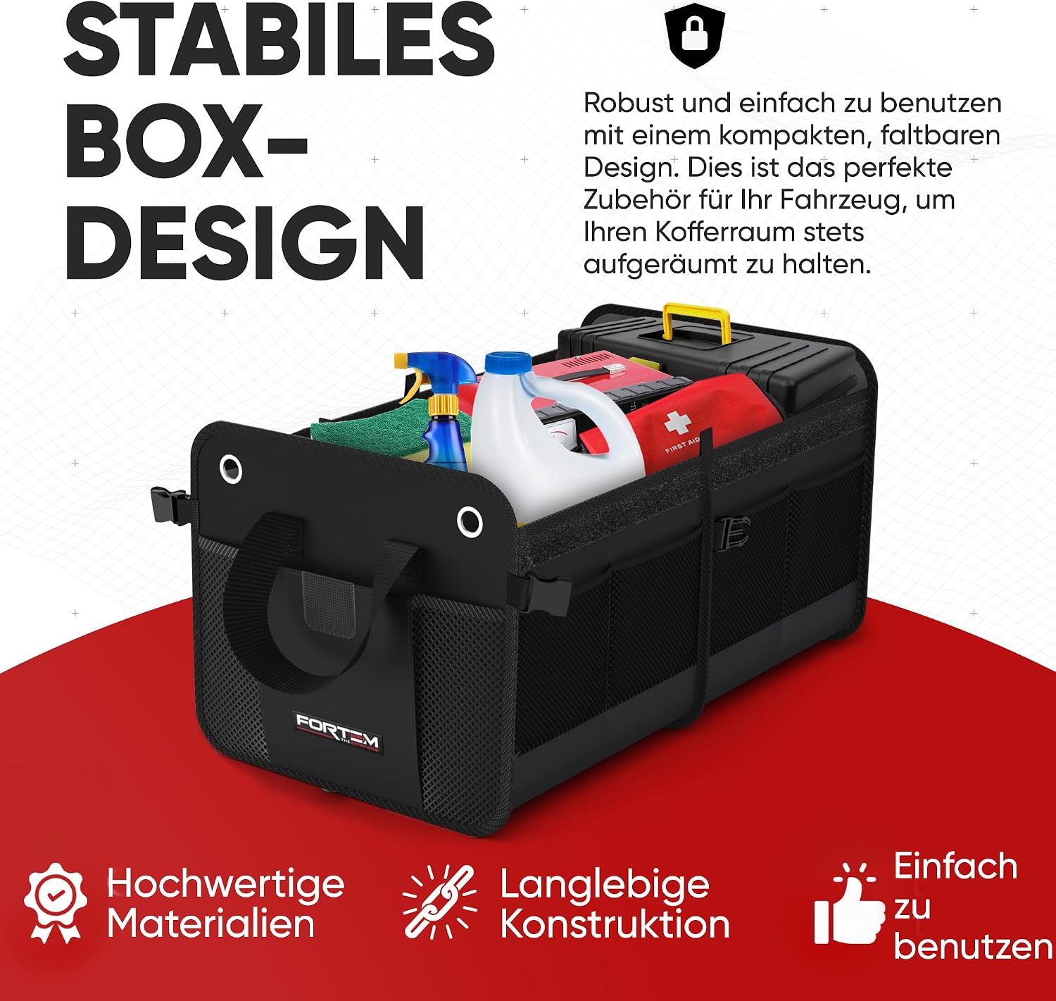 Detalle 2 de FORTEM Kofferraum Organizer (Kofferraumtasche) mit klappbarem Deckel – zusammenklappbar, mit Fächern