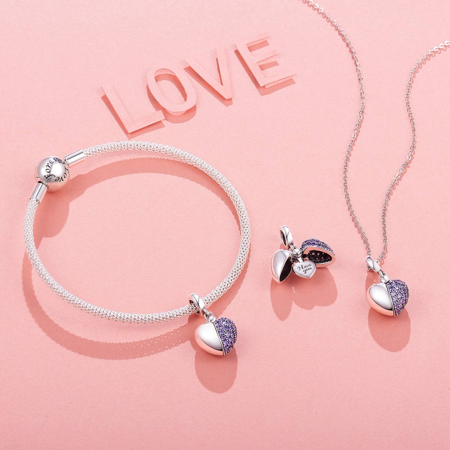 Thumbnail 1 de NINGAN Herz Charm-Anhänger I Love You (Ich liebe dich) – 925er Sterling Silber, enge Swarovski-Details