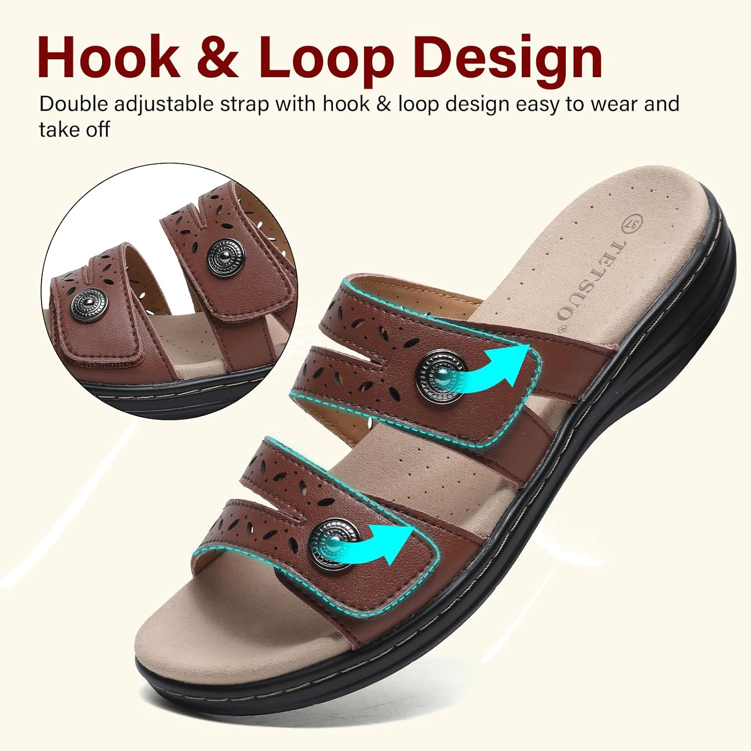 Detalle de TETSUO Women's Flat Sandals with Arch Support, Adjustable Straps and Open Toe Comfort
