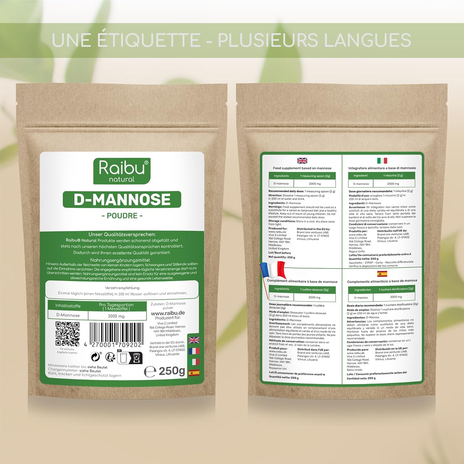 Detalle 2 de Raibu D-Mannose Poudre 250 g – Plus de 4 Mois, 2000 mg par dose, végétalien et sans additifs
