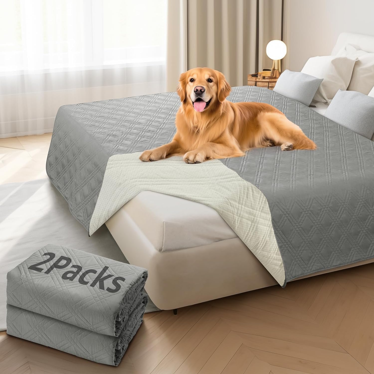 Detalle de Waterproof Dog Blanket (2 Pack) with Anti-Slip Backing – Grey, 97×190cm