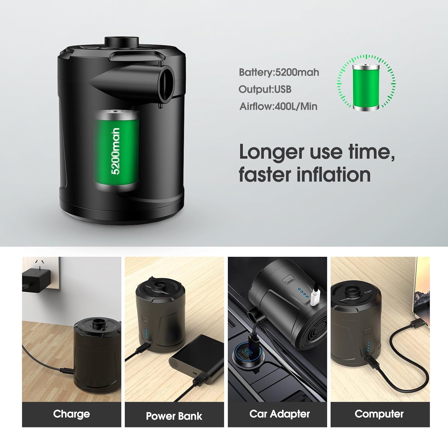 Thumbnail 2 de SUPPOU bomba de aire eléctrica portátil con batería recargable de 5200 mAh y 3 boquillas