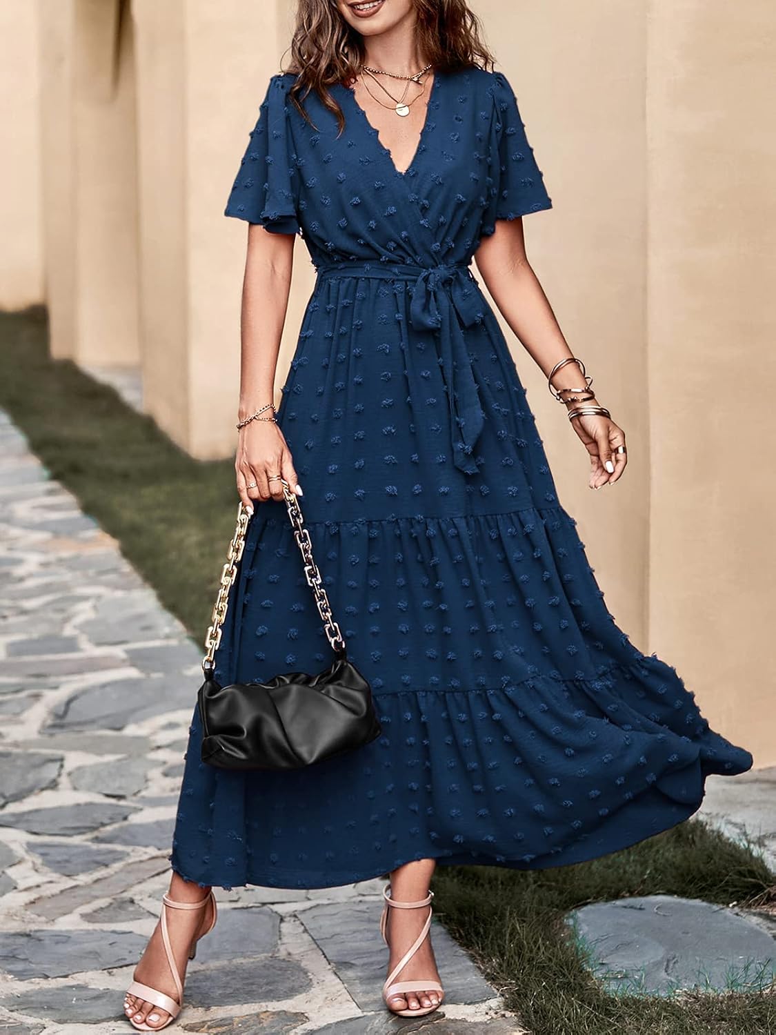 Detalle de MASCOMODA Women's Summer Swiss Dot Maxi Dress with Wrap V-Neck and Flutter Sleeves