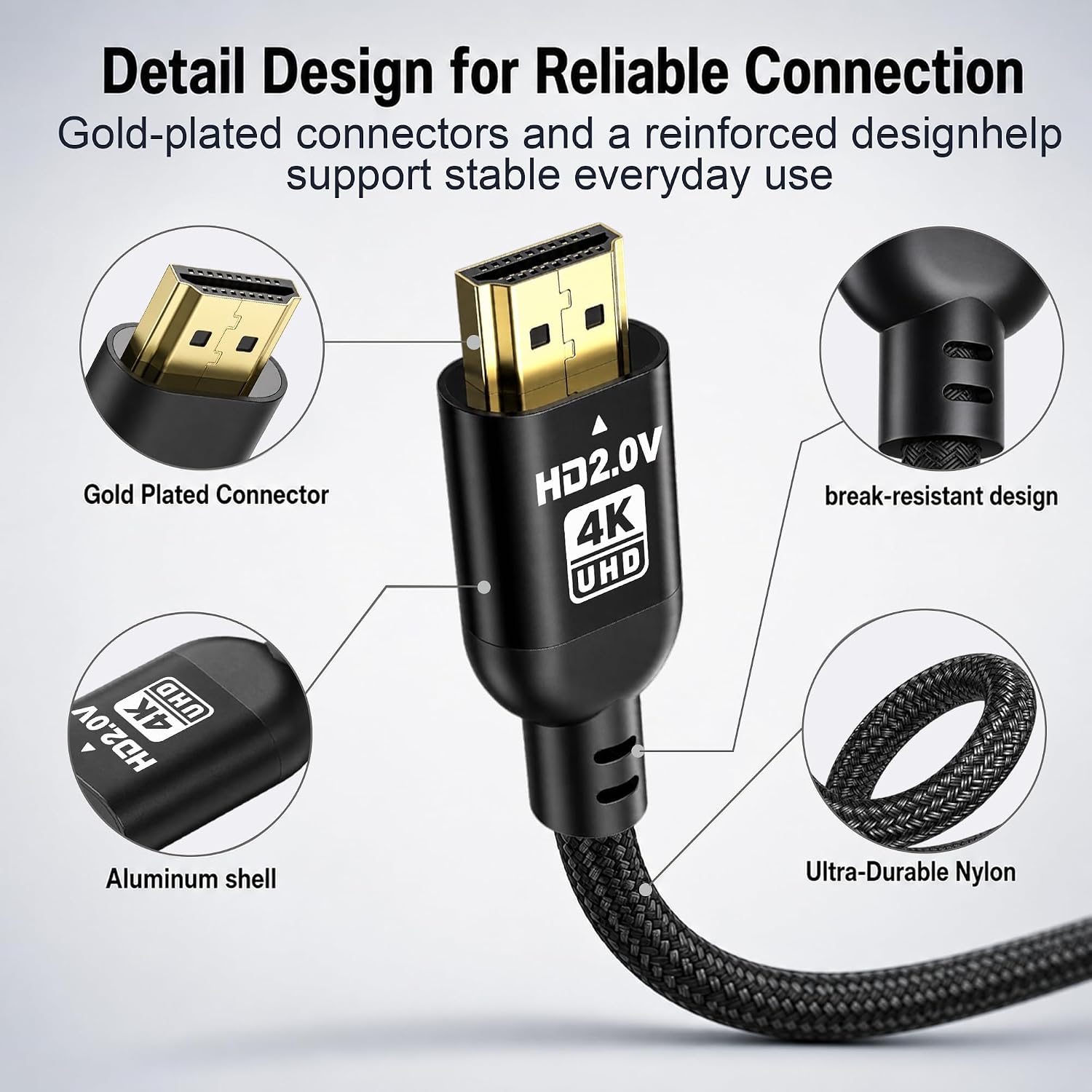 Detalle de Diyanisly 35FT 4K HDMI Cable (High Speed 2.0) — Long-Reach, Braided, 4K@60Hz with ARC/Ethernet