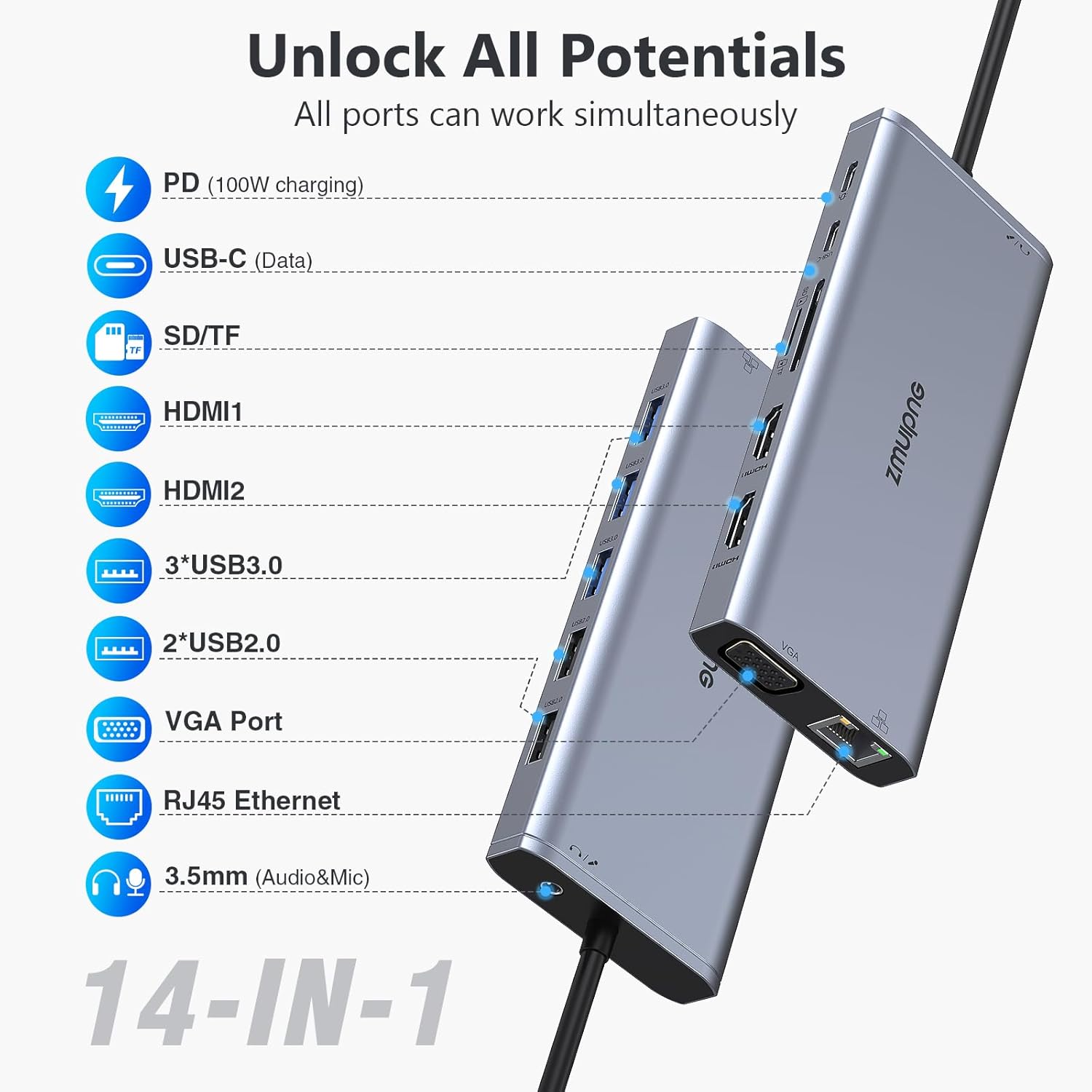 Thumbnail 1 de USB-C Dual/Triple Monitor Docking Station (14-in-1) for Dell/HP/Lenovo/Surface/MacBook – Thunderbolt 3/4 style hub