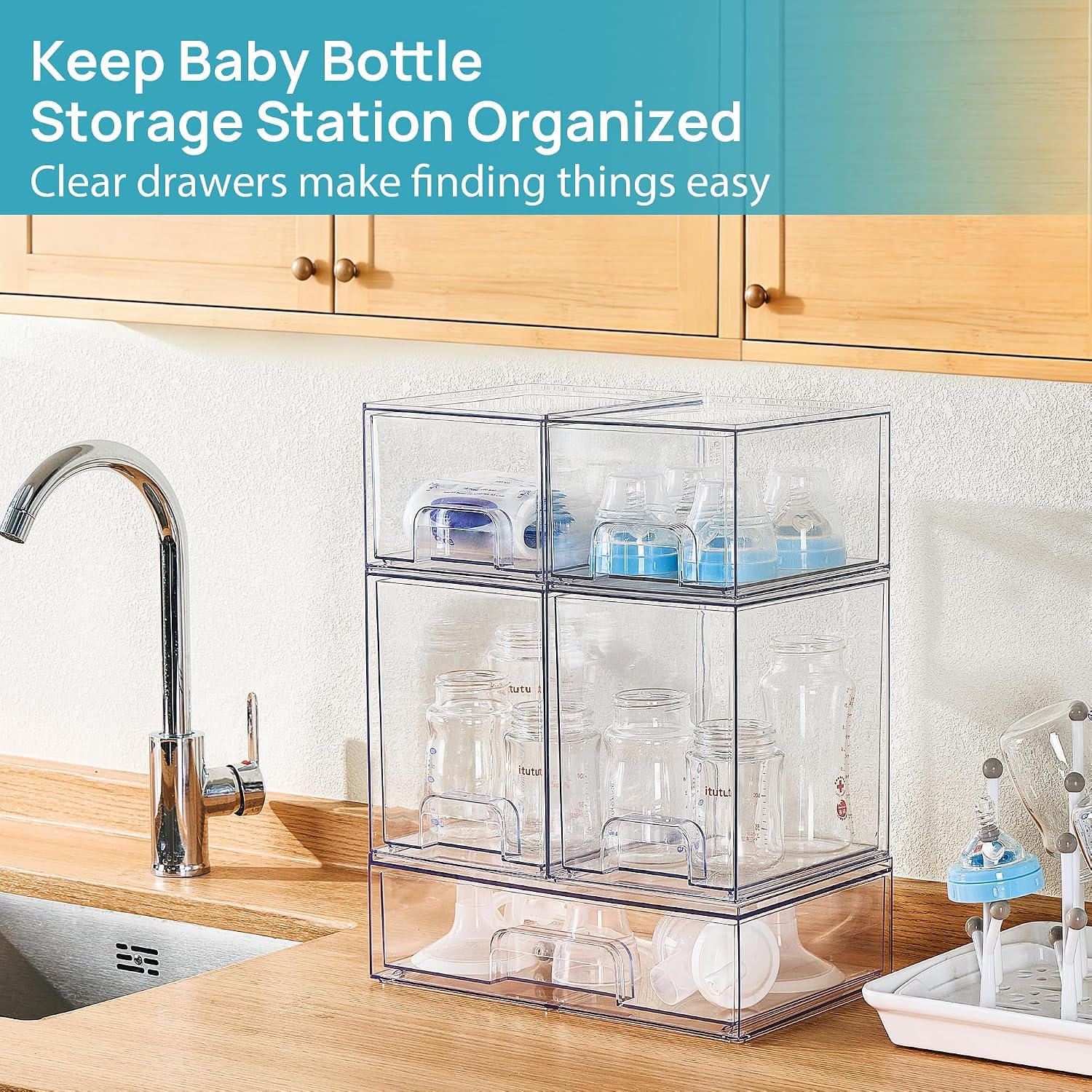 Detalle 2 de Oillase 5p Clear Plastic Storage Drawer Organizer, Stackable Set of 5