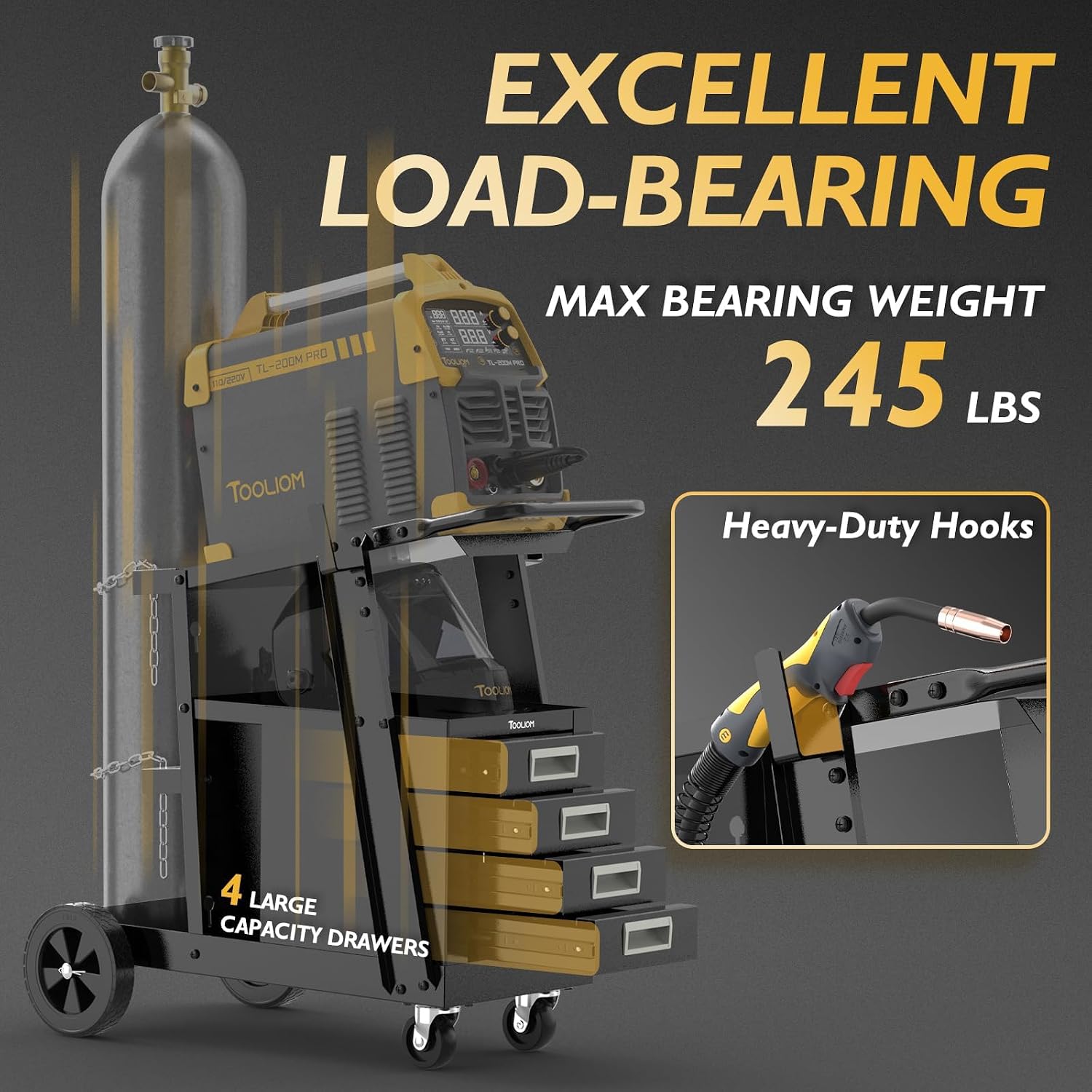Thumbnail 1 de TOOLIOM Welding Cart with 4 Drawers Cabinet — 360° Swivel Welder Trolley