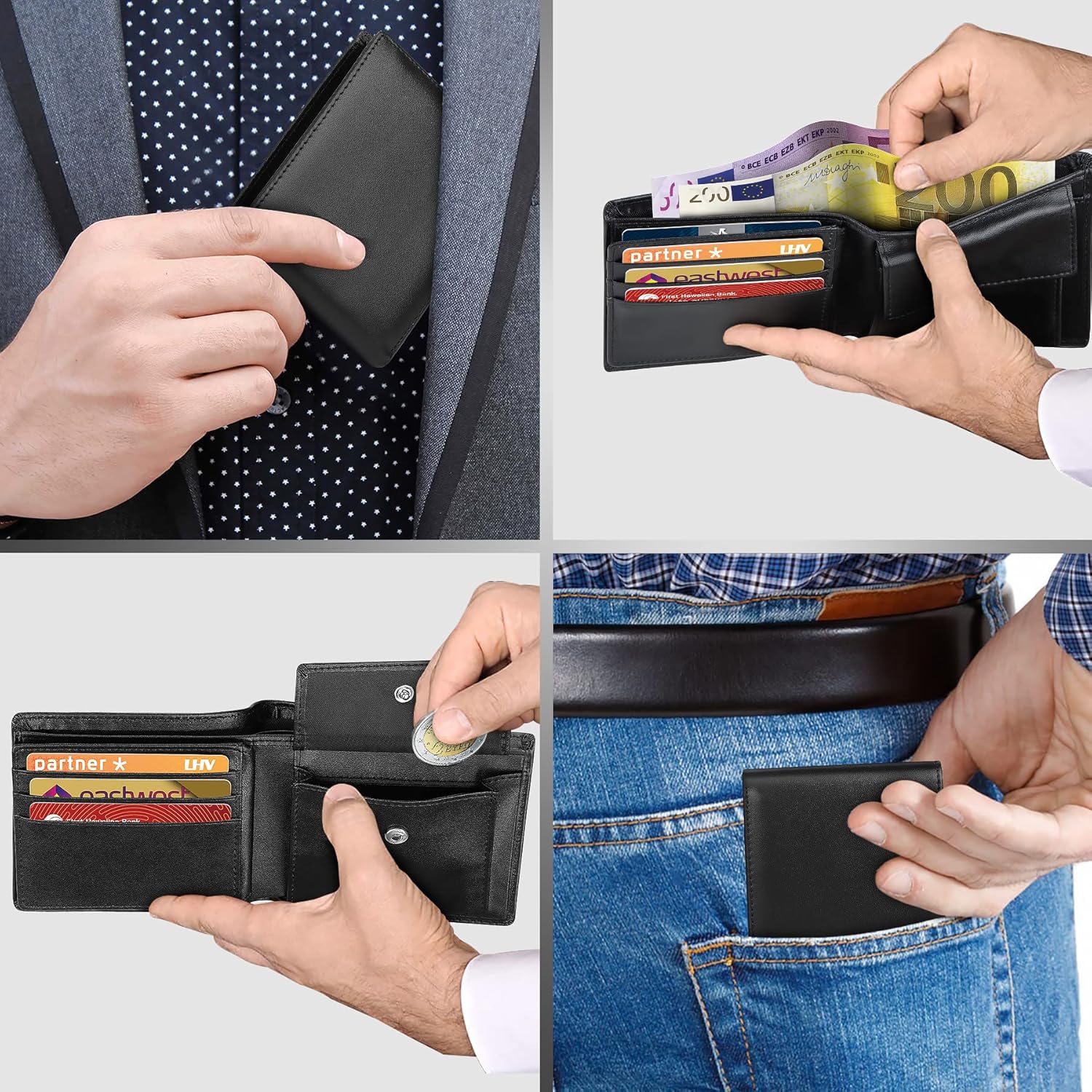 Thumbnail 3 de WONSEFOO Portefeuille Homme en Cuir avec Blocage RFID – Noir, 10 Porte‑Cartes, 2 Compartiments Billets et Grande Poche Monnaie