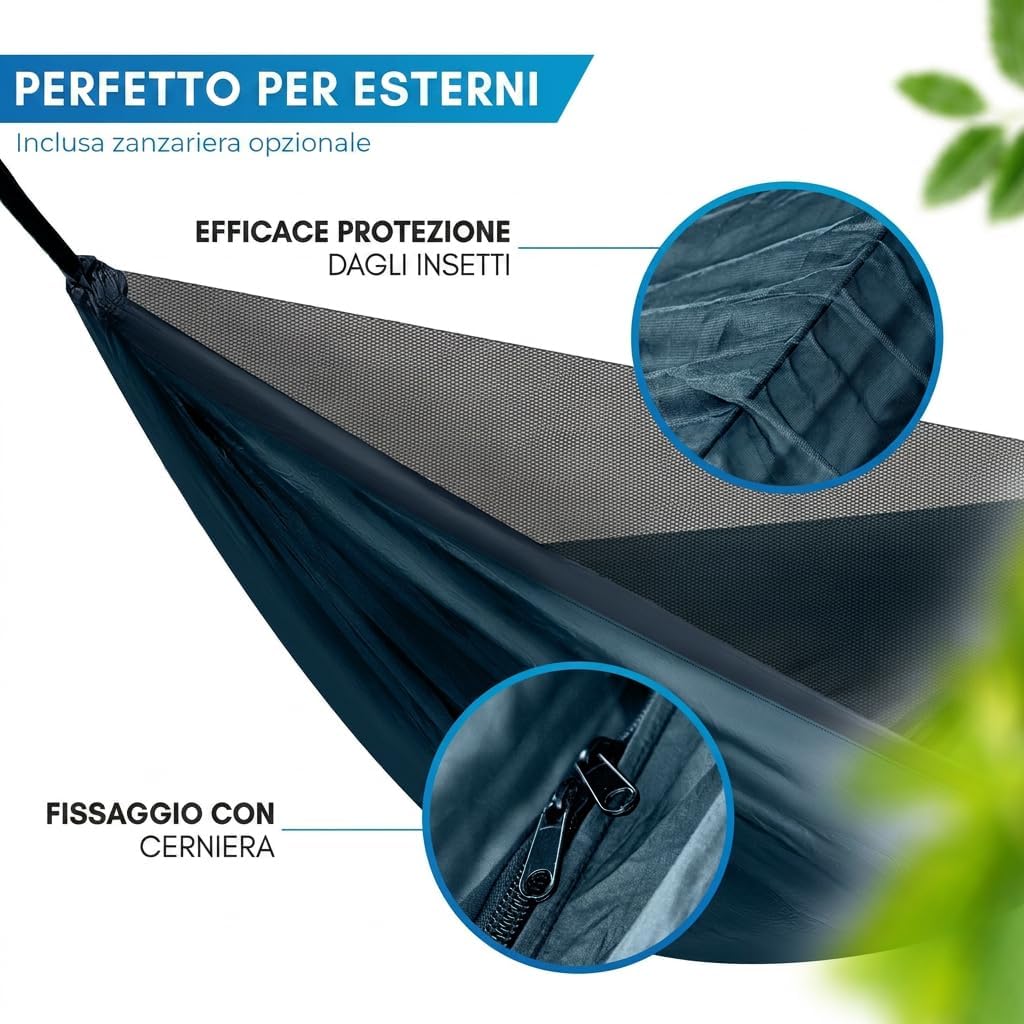 Thumbnail 3 de NORDMUT Amaca Ultralight Outdoor con Set di Fissaggi – Amaca da Campeggio 140 x 275 cm, Portata 300 kg, Blu