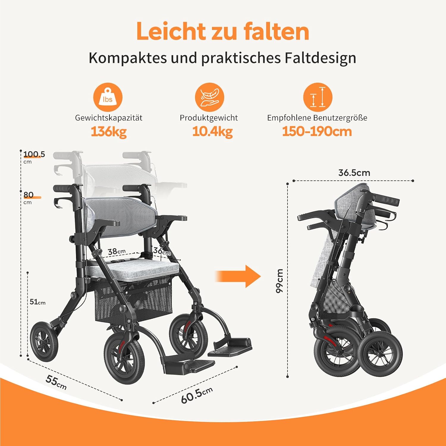 Thumbnail 4 de VOCIC 2-in-1 Rollstuhl-Rollator: faltbar, leicht, vielseitig – Outdoors mit Gummireifen und Netz-/Taschengestaltung