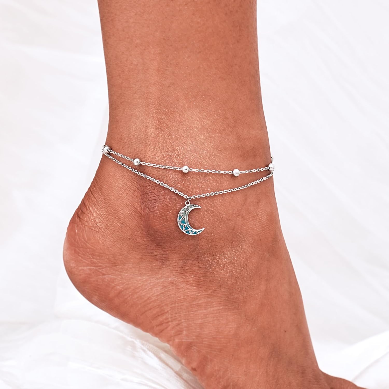 Thumbnail 1 de CHIC & ARTSY Fußkettchen 925 Sterling Silber – verstellbar, Opal-geschichtet, zierlich, mit Herz-Anhänger