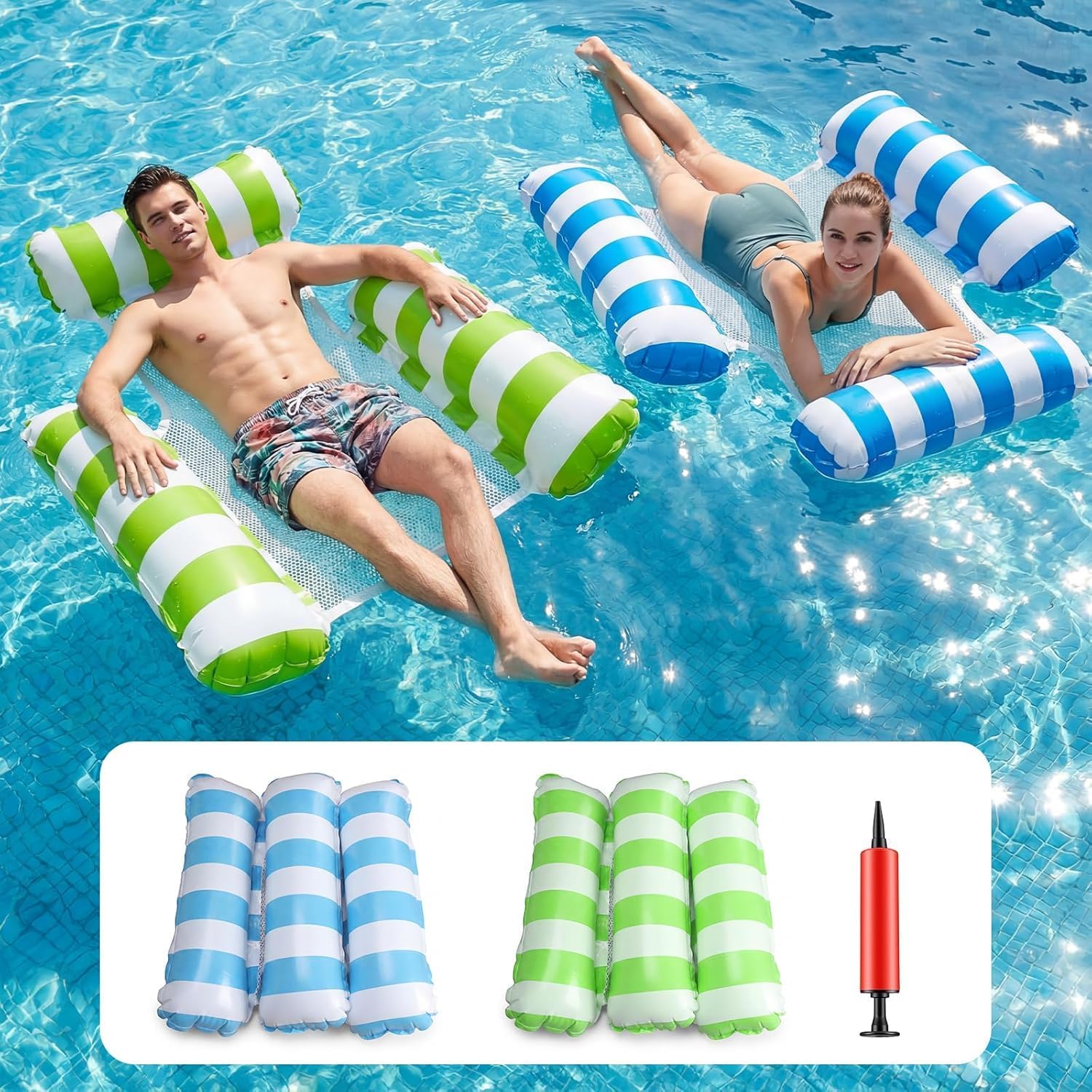 Detalle de SULIMRA 4-in-1 Inflatable Pool Floats Adult 2-Pack: Thick, Heavy-Duty Mesh Hammock Loungers