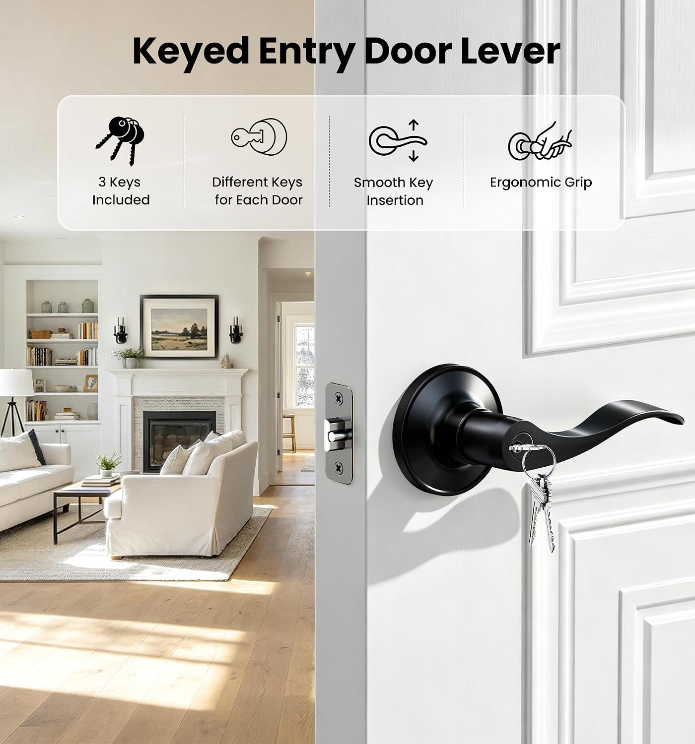 Detalle de Veise Keyed Entry Door Lever, Matte Black
