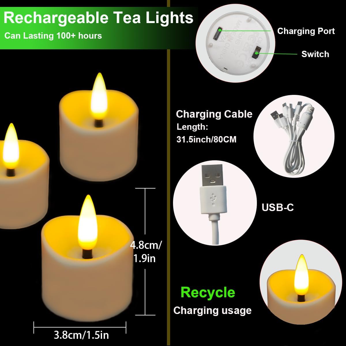 Detalle 2 de Anziner Rechargeable Tea Lights 6 Pack with Remote, USB-C Charging and Timer
