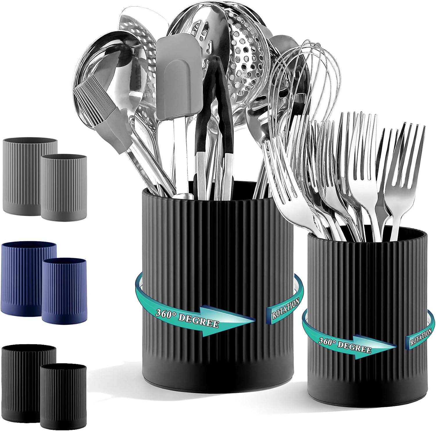 Kyraton Küchenutensilienhalter Set 2 Stück – 360° drehbarer extragroßer Kunststoffhalter + kleine Utensilienschale