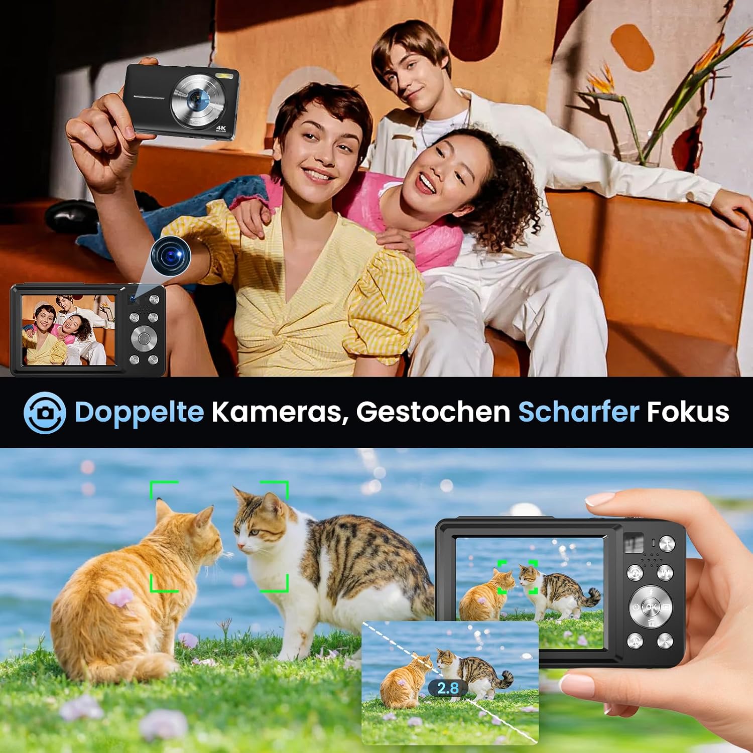 Detalle 2 de Digitalkamera 4K 64MP mit Autofokus, Dual-Objektiv, 2,8-Zoll Display – Ideal für Einsteiger